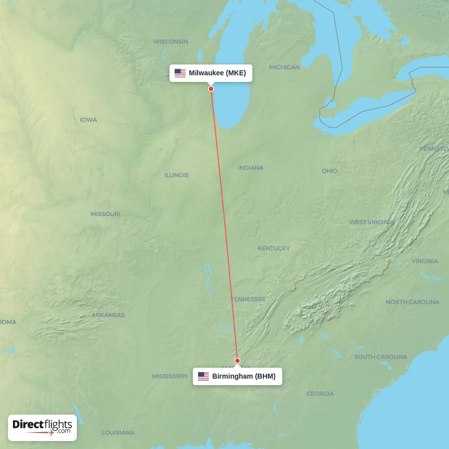 MKE - BHM route map