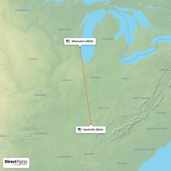 Milwaukee - Nashville direct flight map
