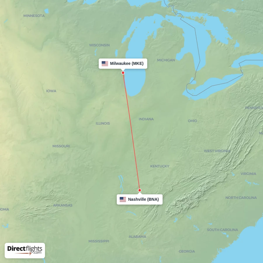 MKE - BNA route map