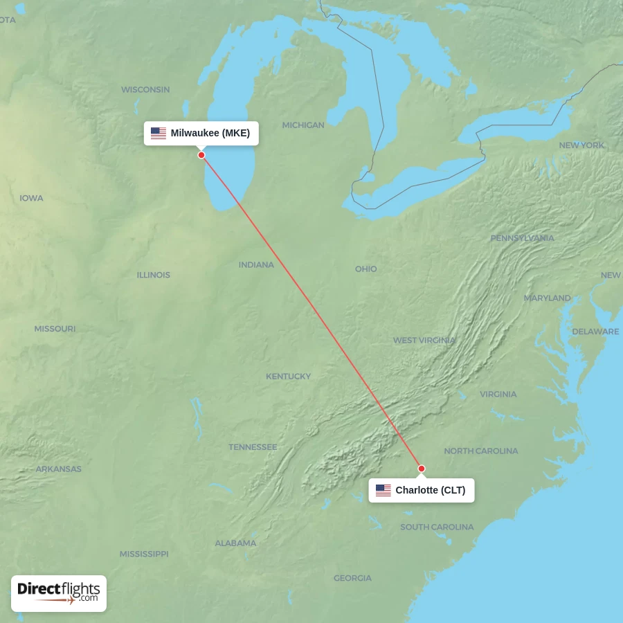 MKE - CLT route map
