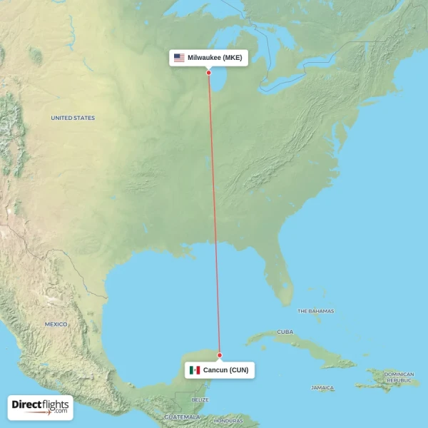 Milwaukee - Cancun direct flight map