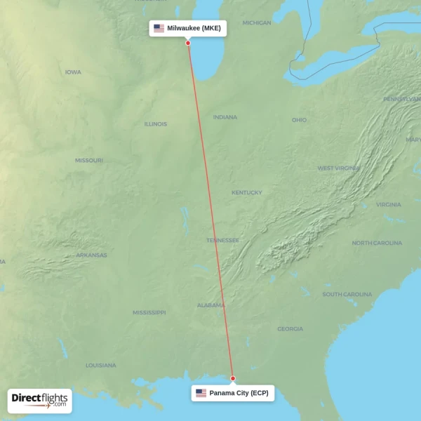 Milwaukee - Panama City direct flight map