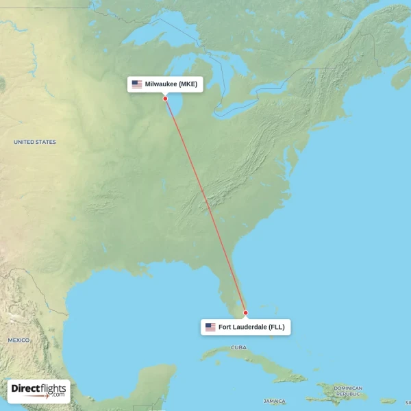 Milwaukee - Fort Lauderdale direct flight map