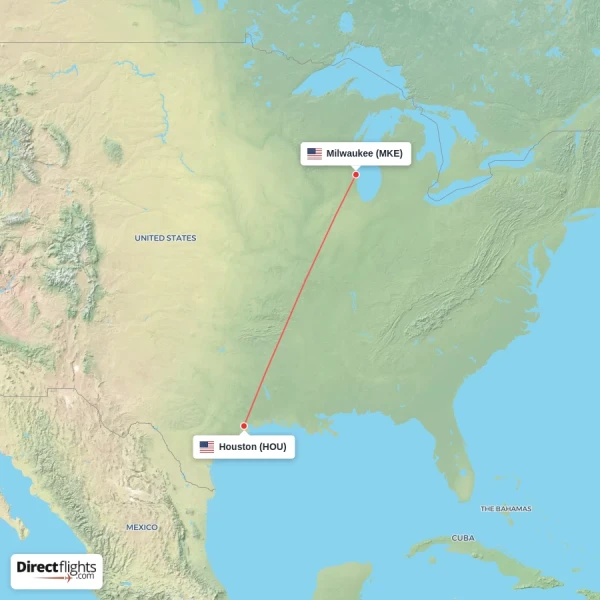 Milwaukee - Houston direct flight map