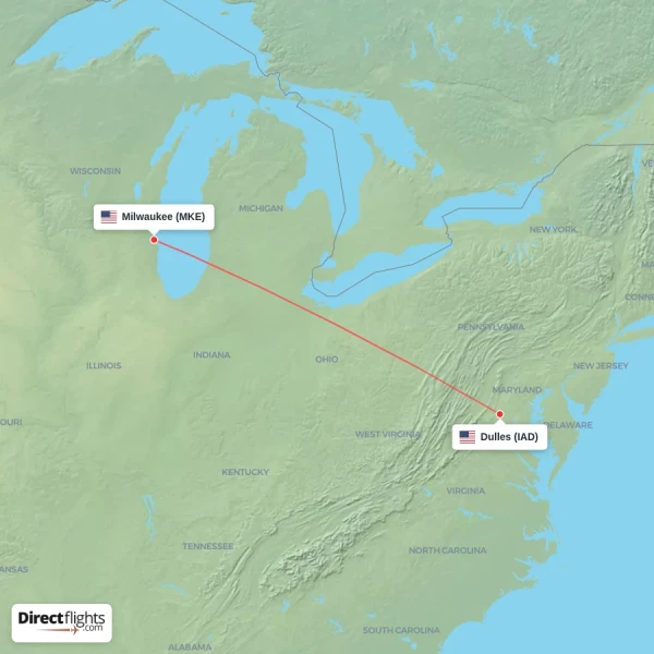 Milwaukee - Dulles direct flight map