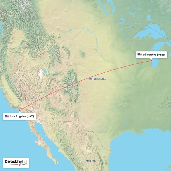 Milwaukee - Los Angeles direct flight map