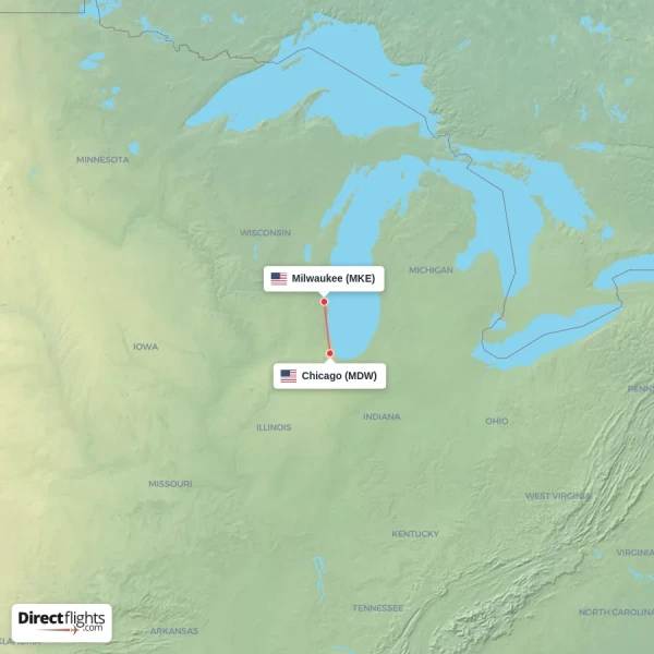 Milwaukee - Chicago direct flight map
