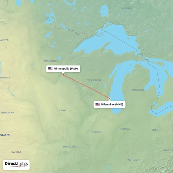 Milwaukee - Minneapolis direct flight map