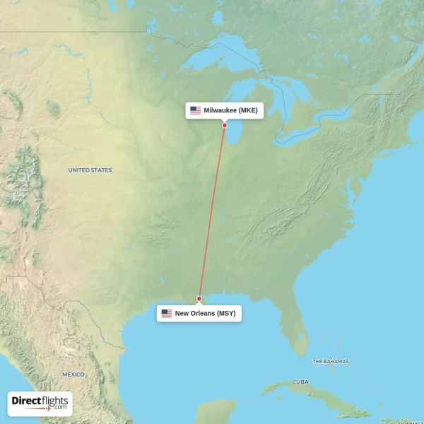 Milwaukee - New Orleans direct flight map