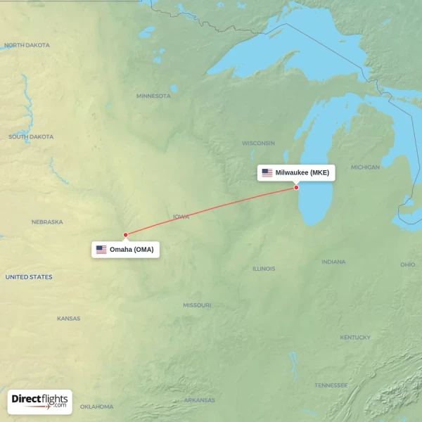 Milwaukee - Omaha direct flight map