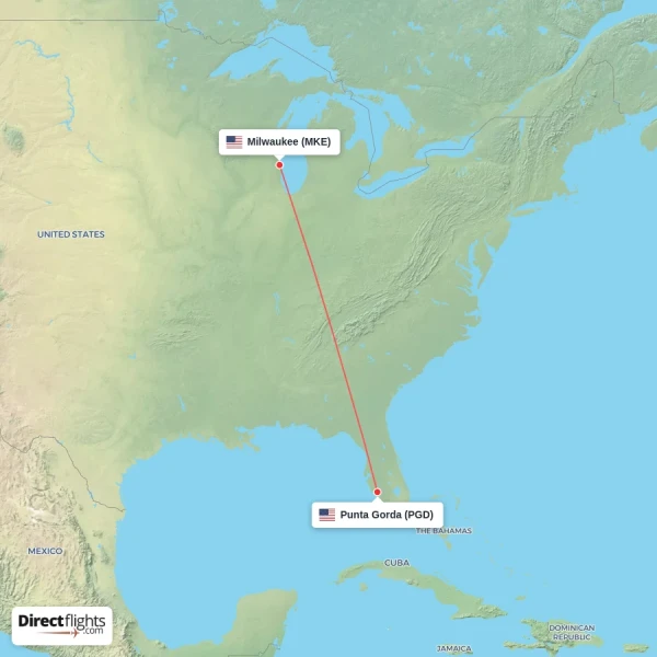 Milwaukee - Punta Gorda direct flight map