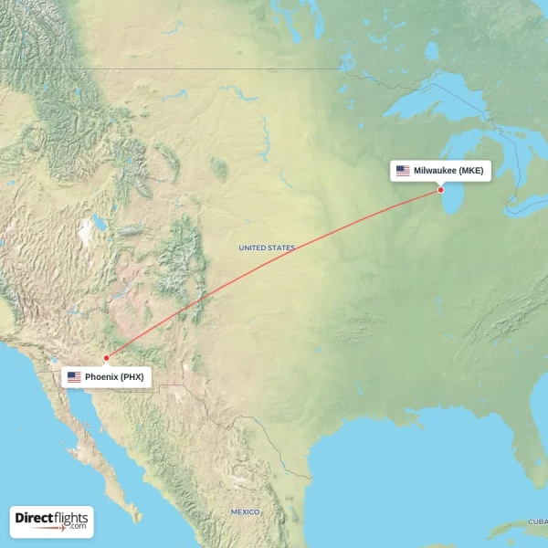 Milwaukee - Phoenix direct flight map