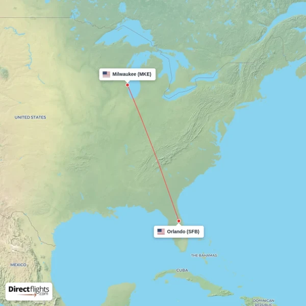 Milwaukee - Orlando direct flight map
