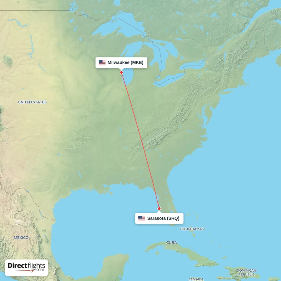 MKE - SRQ route map