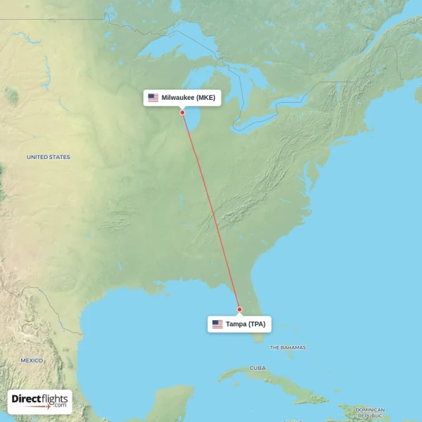 Milwaukee - Tampa direct flight map