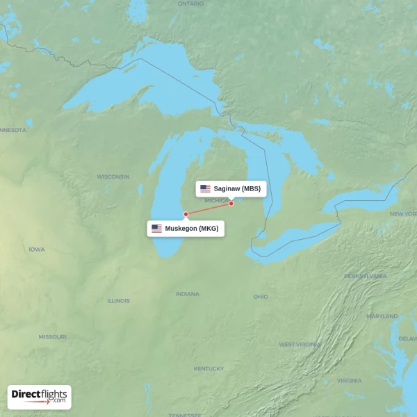 Muskegon - Saginaw direct flight map