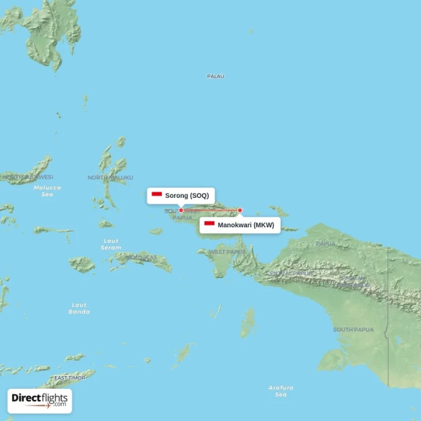 Manokwari - Sorong direct flight map