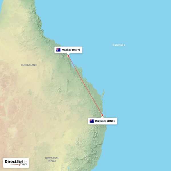 Mackay - Brisbane direct flight map