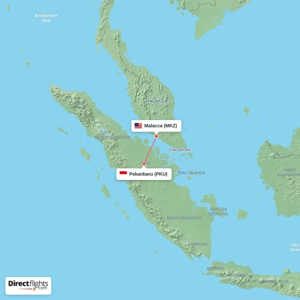 Malacca - Pekanbaru direct flight map