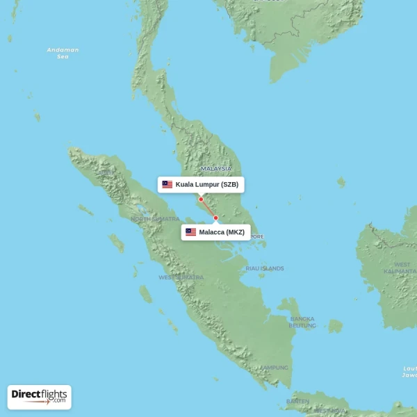 Malacca - Kuala Lumpur direct flight map