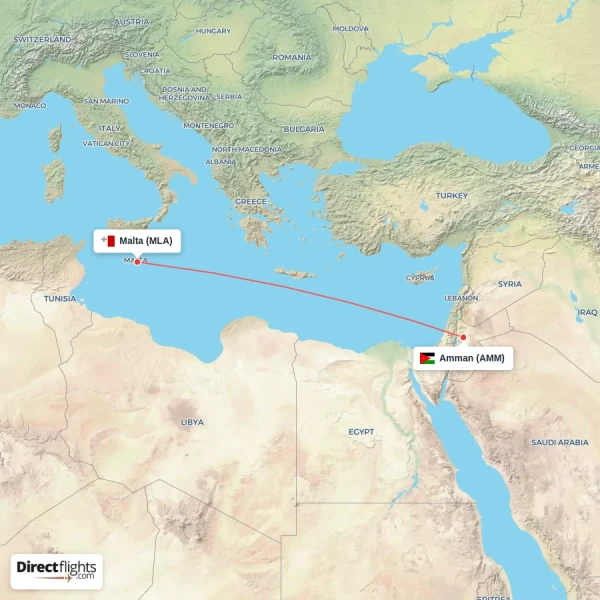 Malta - Amman direct flight map