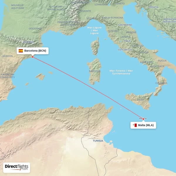 Malta - Barcelona direct flight map