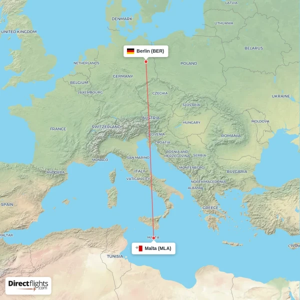Malta - Berlin direct flight map