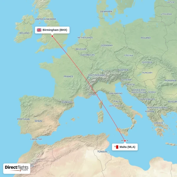 Malta - Birmingham direct flight map