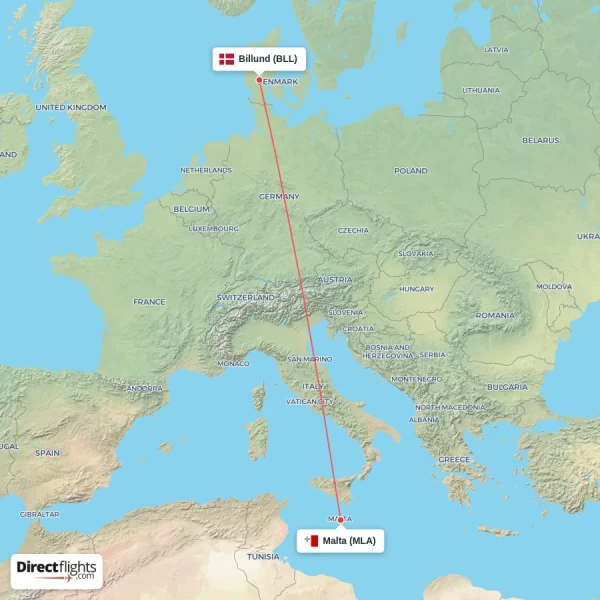 Malta - Billund direct flight map