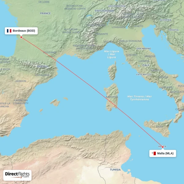 Malta - Bordeaux direct flight map