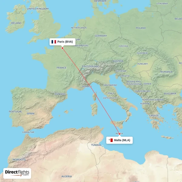 Malta - Paris direct flight map