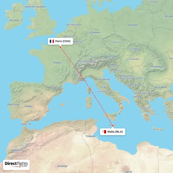Malta - Paris direct flight map