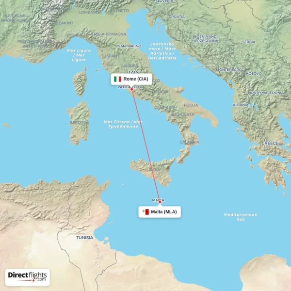 Malta - Rome direct flight map