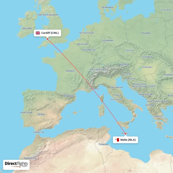 Malta - Cardiff direct flight map