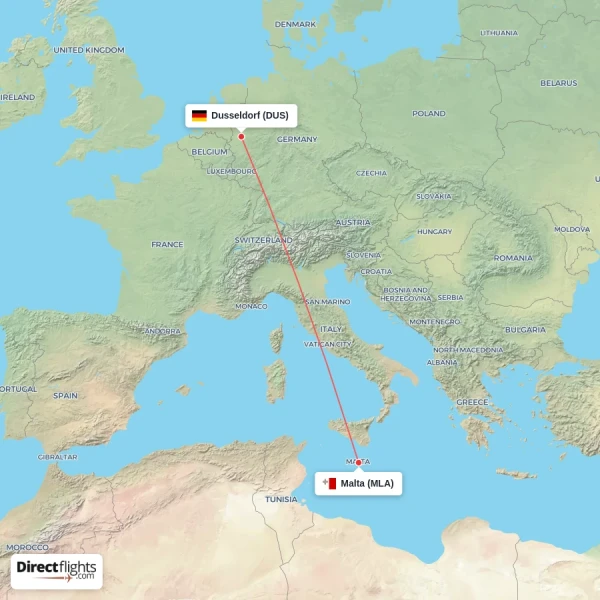 Malta - Dusseldorf direct flight map