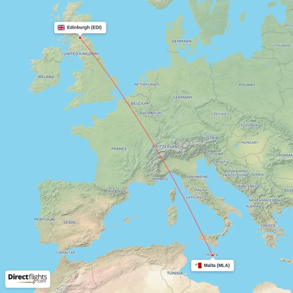 Malta - Edinburgh direct flight map
