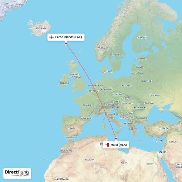 Malta - Faroe Islands direct flight map