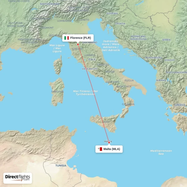 Malta - Florence direct flight map