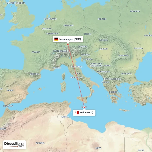 Malta - Memmingen direct flight map
