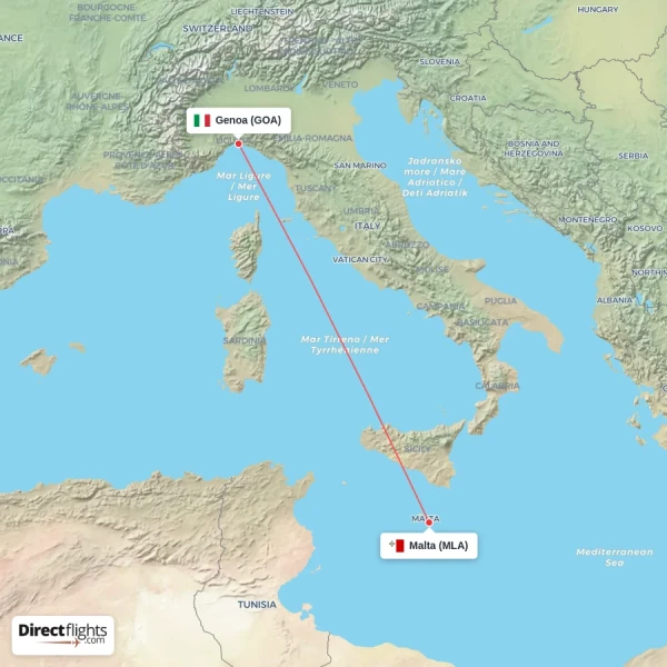 Malta - Genoa direct flight map