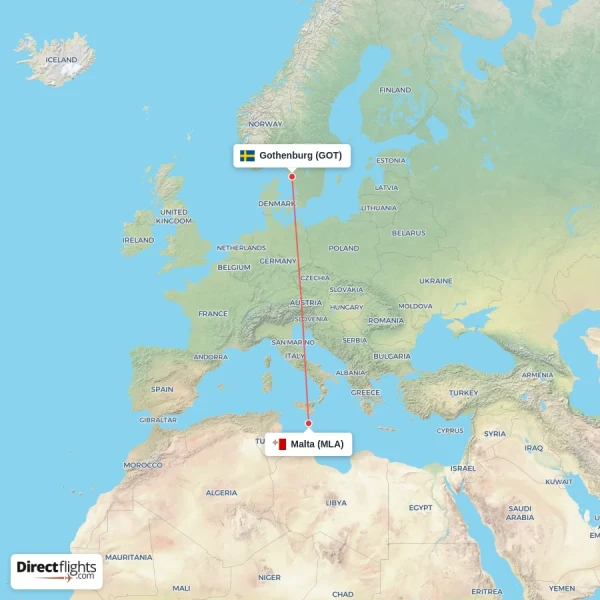 Malta - Gothenburg direct flight map