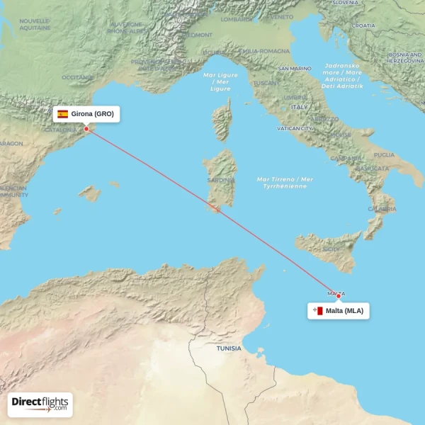 Malta - Girona direct flight map