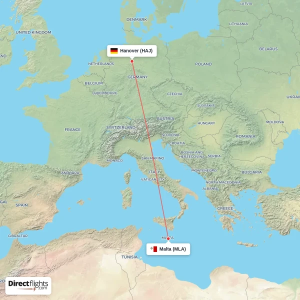 Malta - Hanover direct flight map