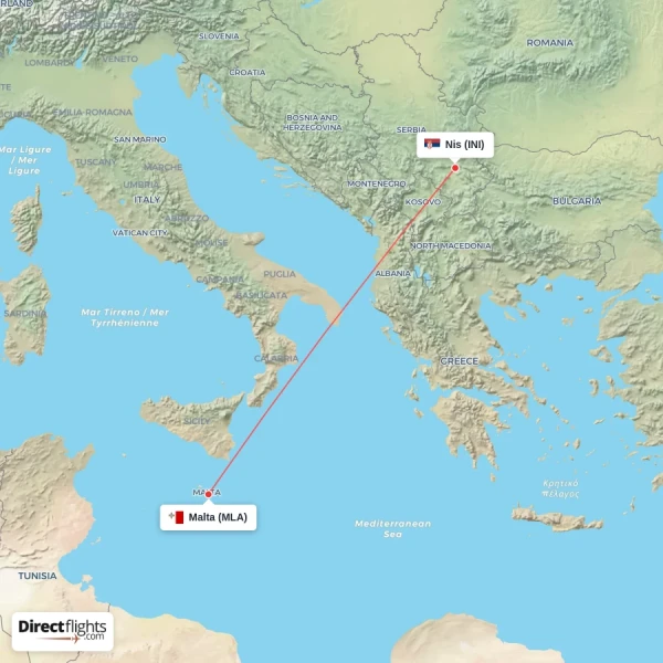 Malta - Nis direct flight map
