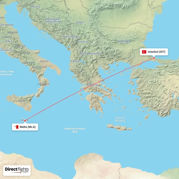 Malta - Istanbul direct flight map