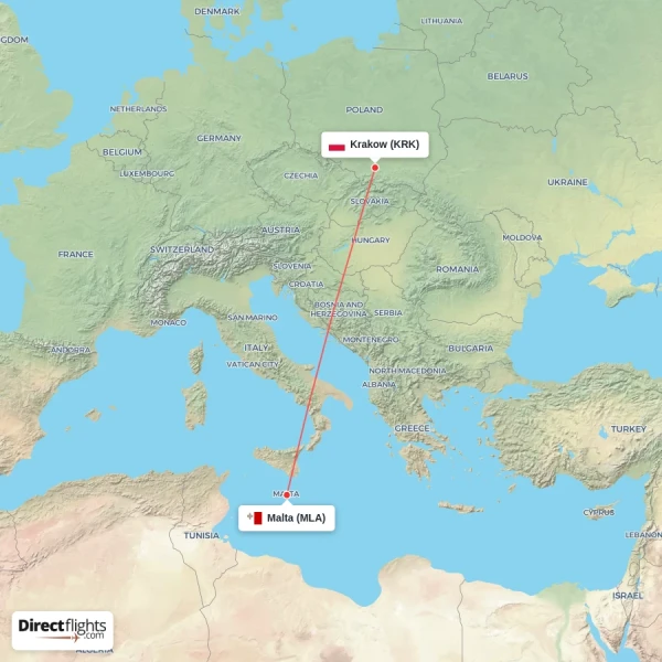 Malta - Krakow direct flight map