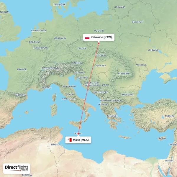 Malta - Katowice direct flight map
