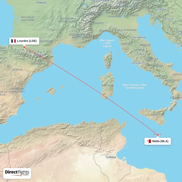 Malta - Lourdes direct flight map