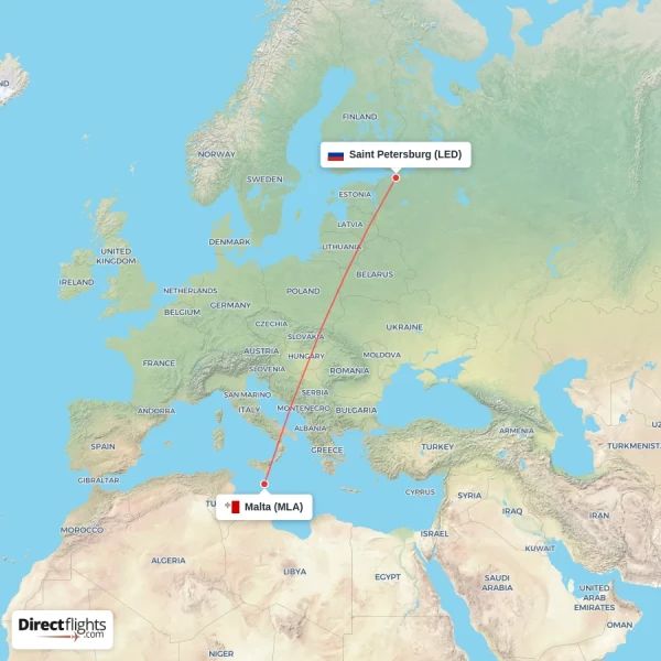 Malta - Saint Petersburg direct flight map