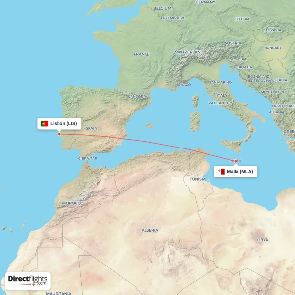 Malta - Lisbon direct flight map